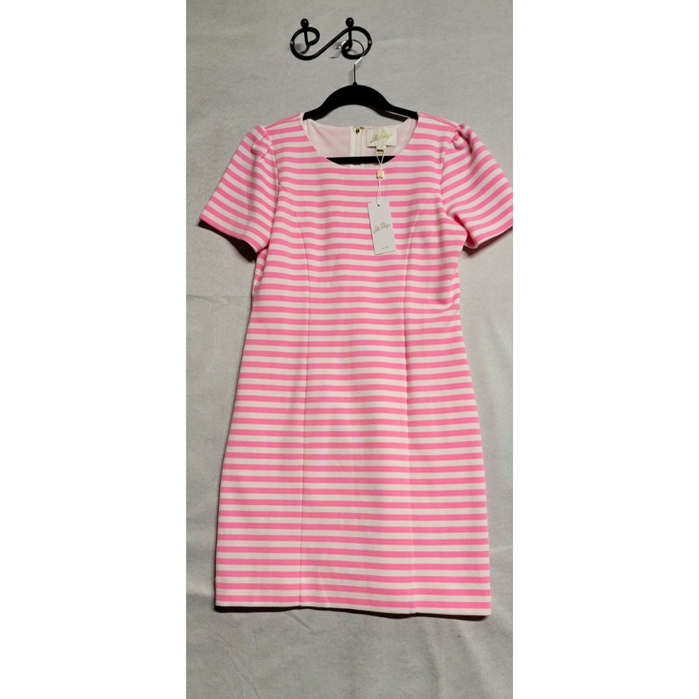 Lilly Pulitzer Pink & White Striped Shift Dress Puff Sleeve Lined Zip Size 8